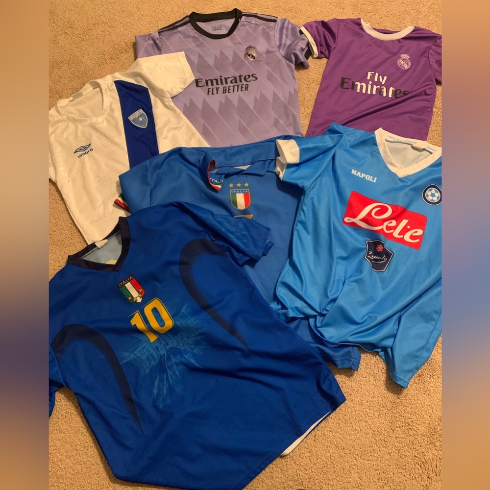 Lot of soccer jerseys